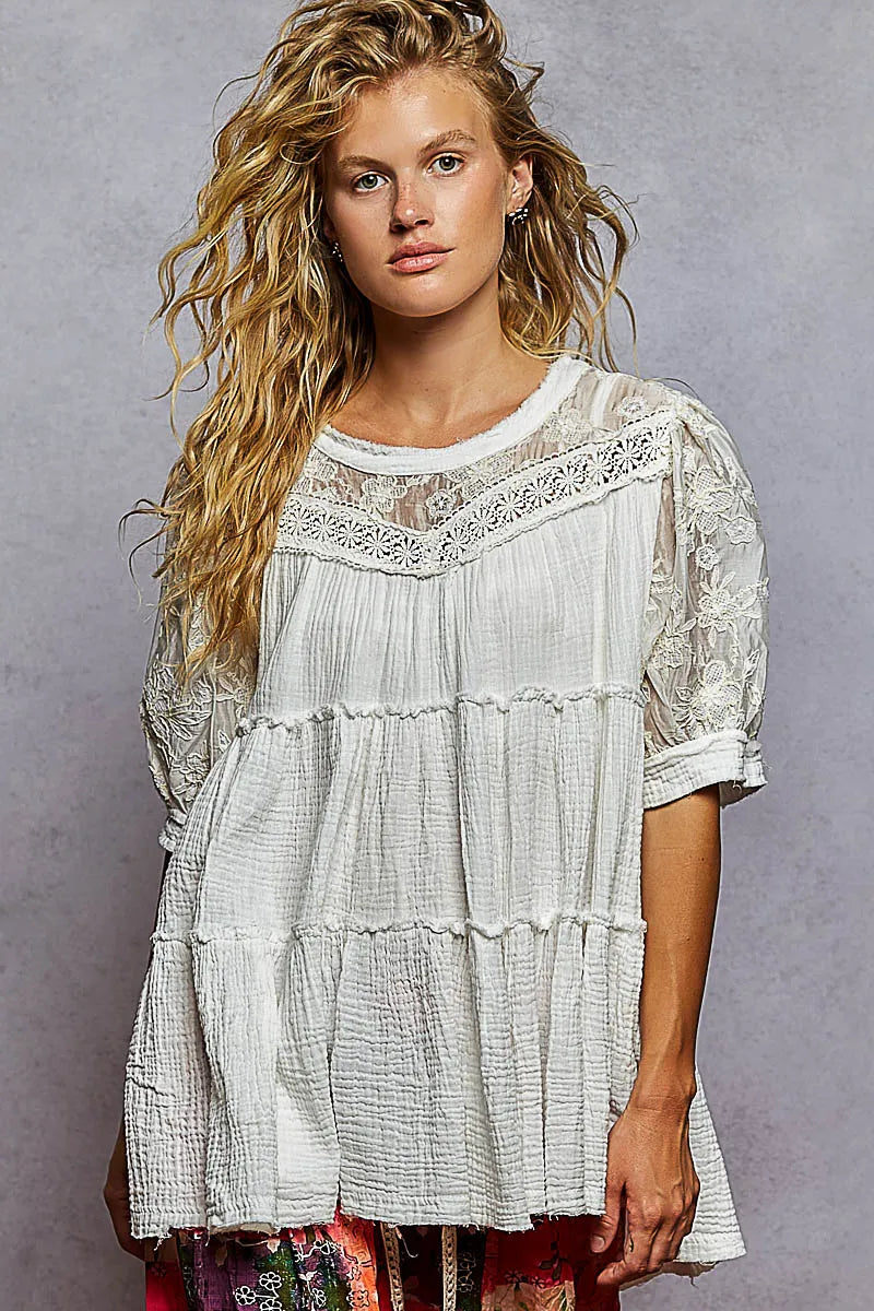 POL Lace Detail Tiered Round Neck Half Sleeve Blouse OFFWHITE