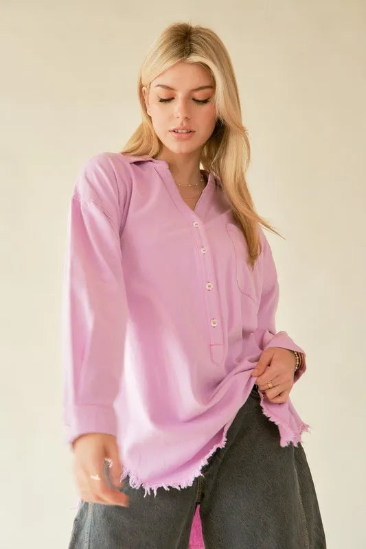 Davi & Dani Letter Back Raw Hem Half Button Shirt