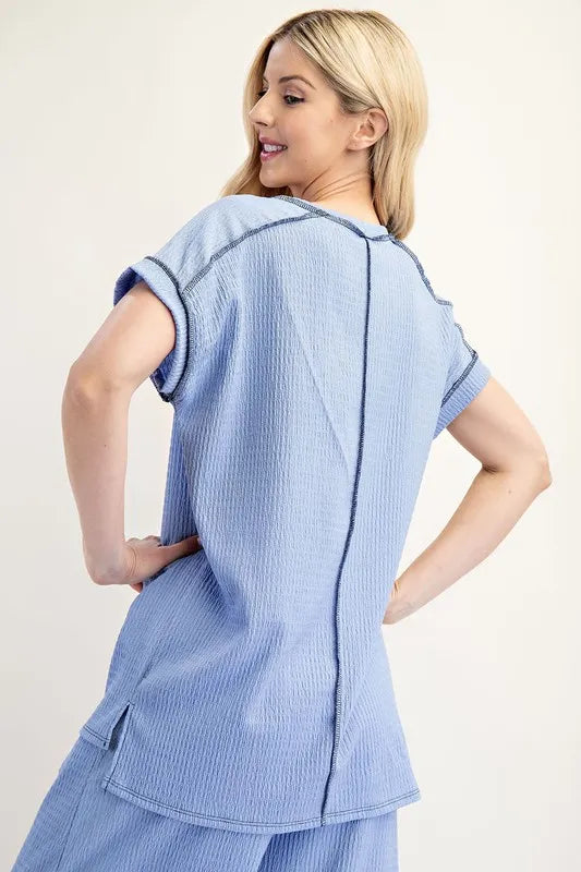 Celeste Full Size Relaxed-Fit Textured Top with Short Sleeves Plus Size