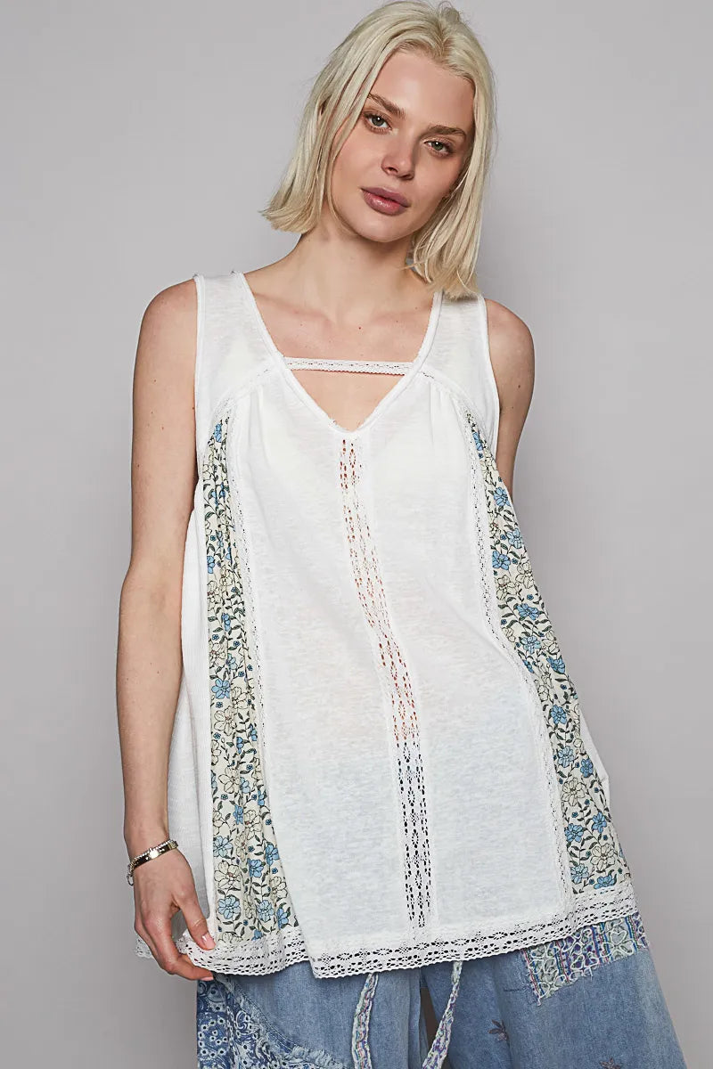 POL V Neck Sleeveless Tank Top with Lace Detail OFFWHITE
