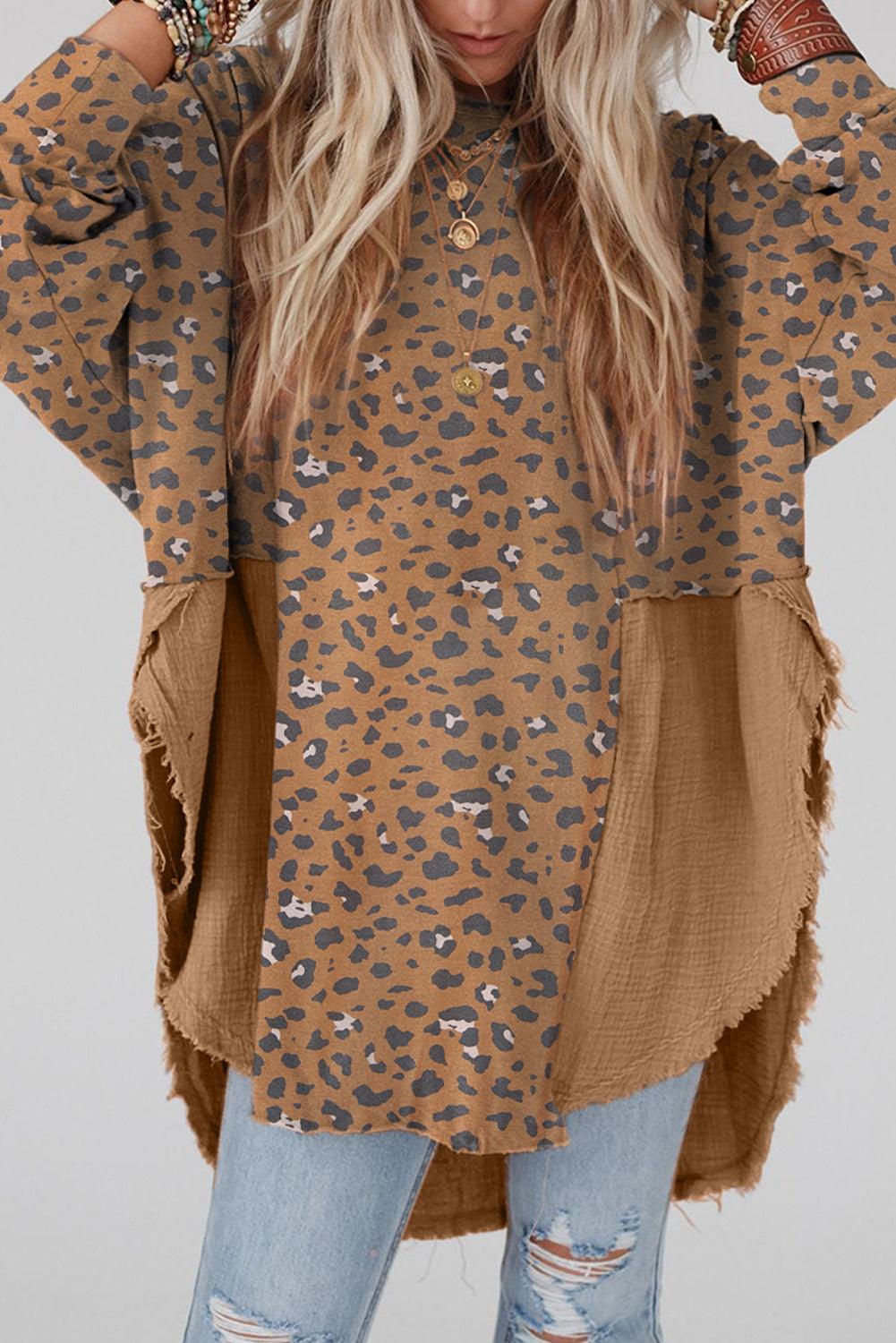 Textured Leopard Dropped Shoulder Blouse Mocha