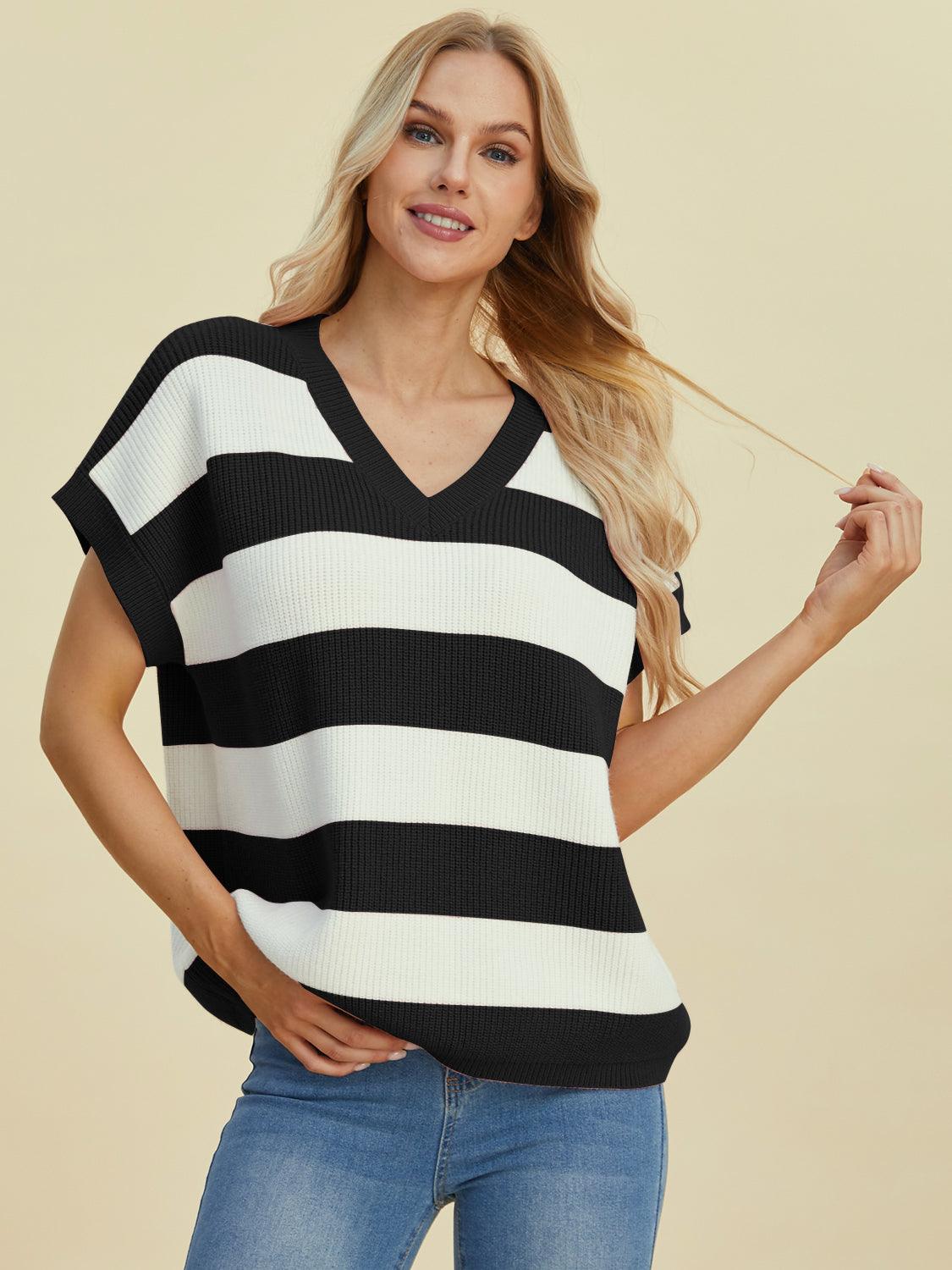 Double Take Full Size Striped V-Neck Short Sleeve Sweater Black
