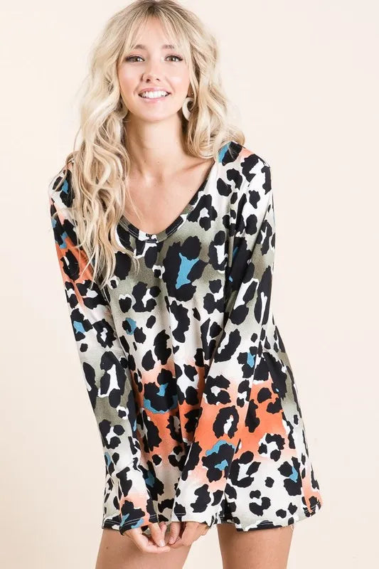 BiBi Gradation Leopard Print Soft Knit Deep U Neck Top RUST OLIVE