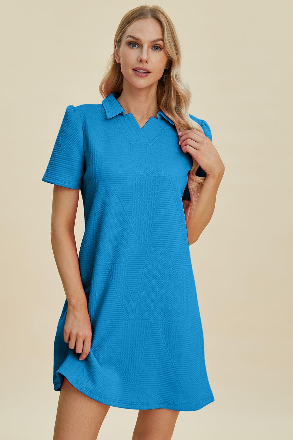Double Take Full Size Texture Short Sleeve Dress Sky Blue