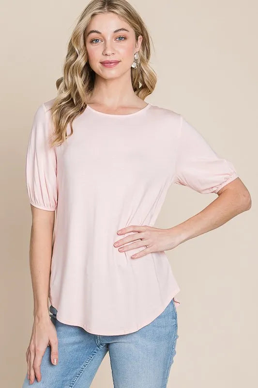 BOMBOM Round Neck Puff Sleeve T-Shirt LIGHT PINK