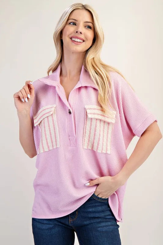 Celeste Full Size Rib Knit Collared Top with Striped Pockets Plus Size