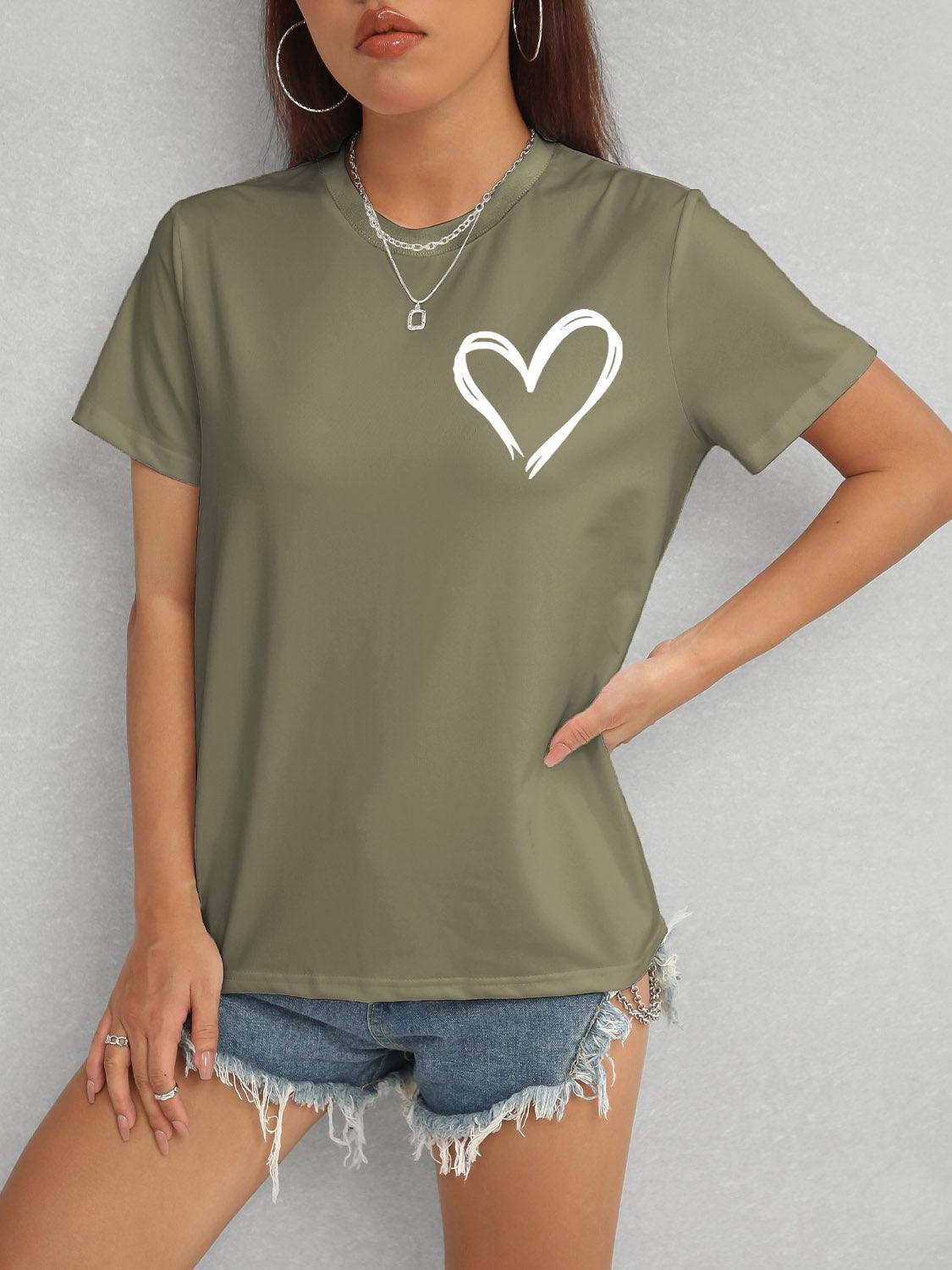 Heart Round Neck Short Sleeve T-Shirt Army Green
