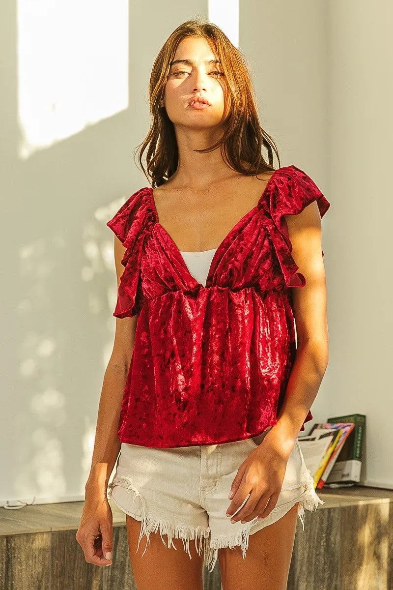BiBi Ruffled Cap Crush Velvet Peplum Top