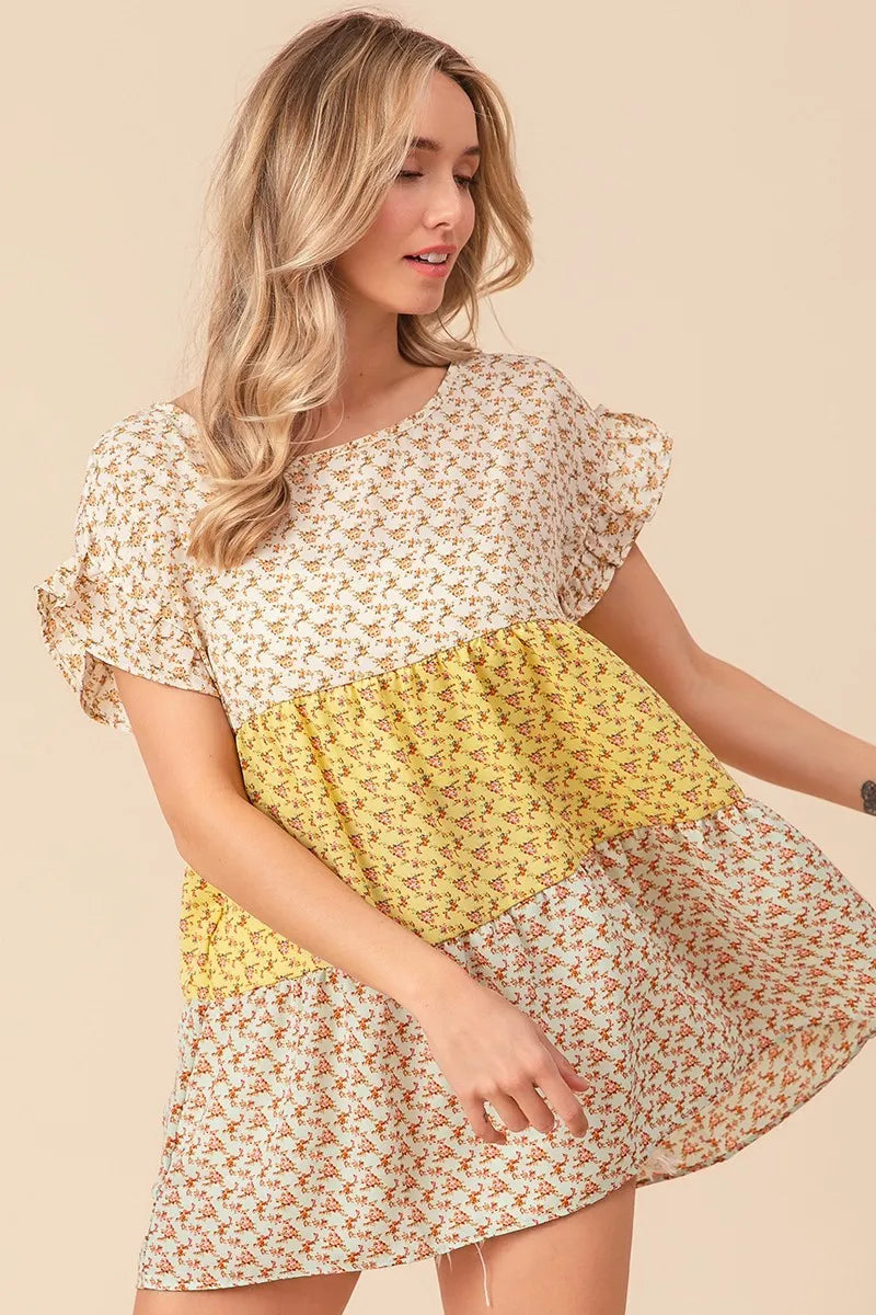 BiBi Flroal Printed Woven Color Block and Tiered Top