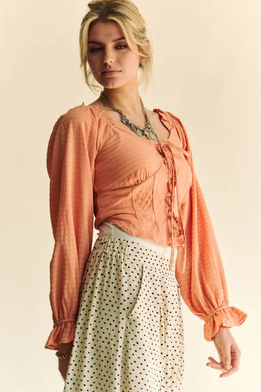 Davi & Dani Strap Front Corset Look Long Puff Sleeve Blouse
