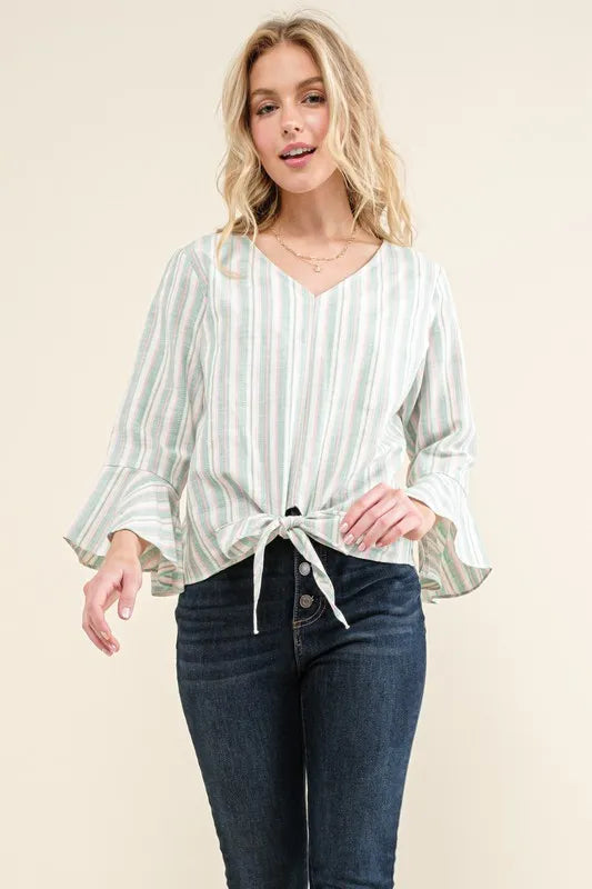 And The Why Stripe Tie Knot Front Bell Sleeve Top DUSTY MINT