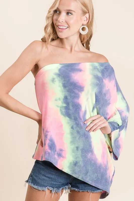 BiBi Tie Dye French Terry One Shoulder Top with Dolman