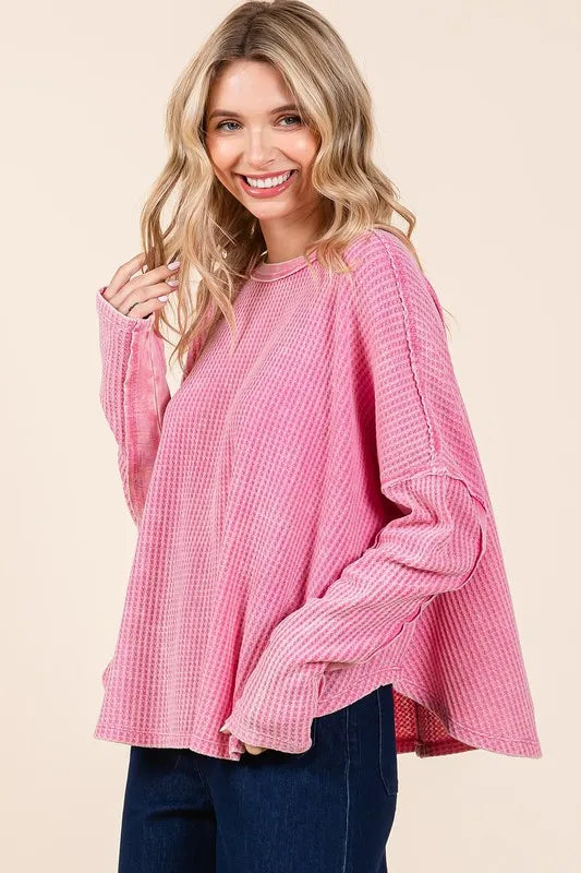 Mittoshop Waffle-Knit Exposed Seam Round Neck Top
