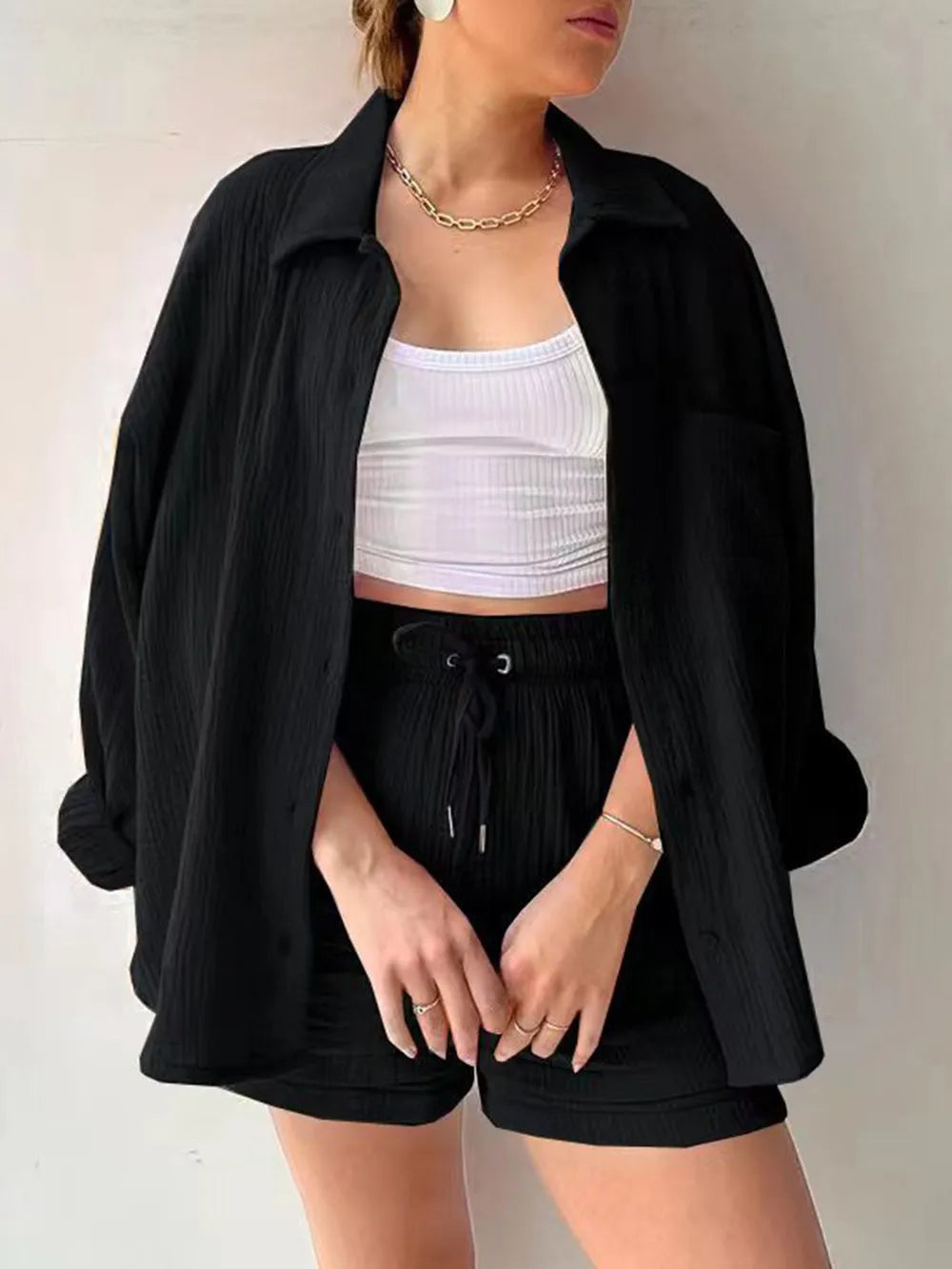 Texture Button Up Shirt and Drawstring Shorts Set Black