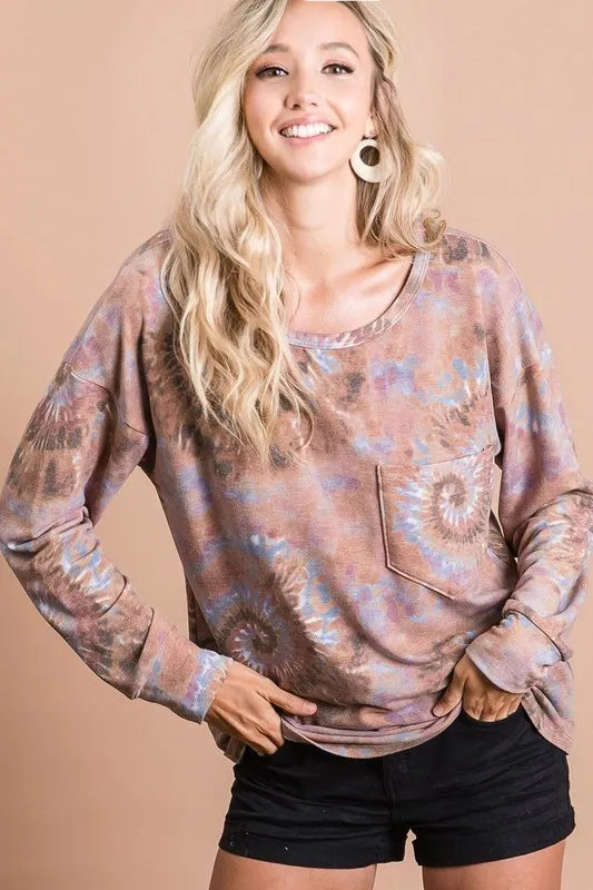 BiBi Tie Dye Print Terry Top with Front Patch Pocket