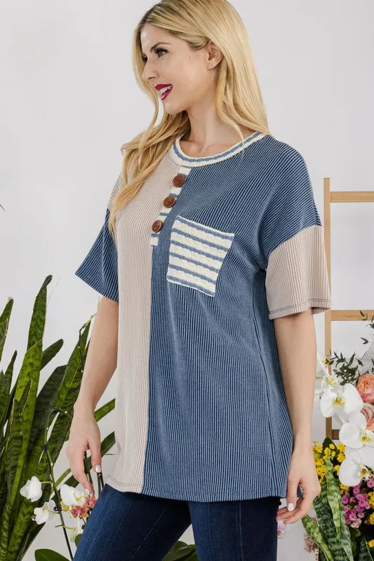 Celeste Full Size Rib Contrast Short Sleeve T-Shirt Plus SIze