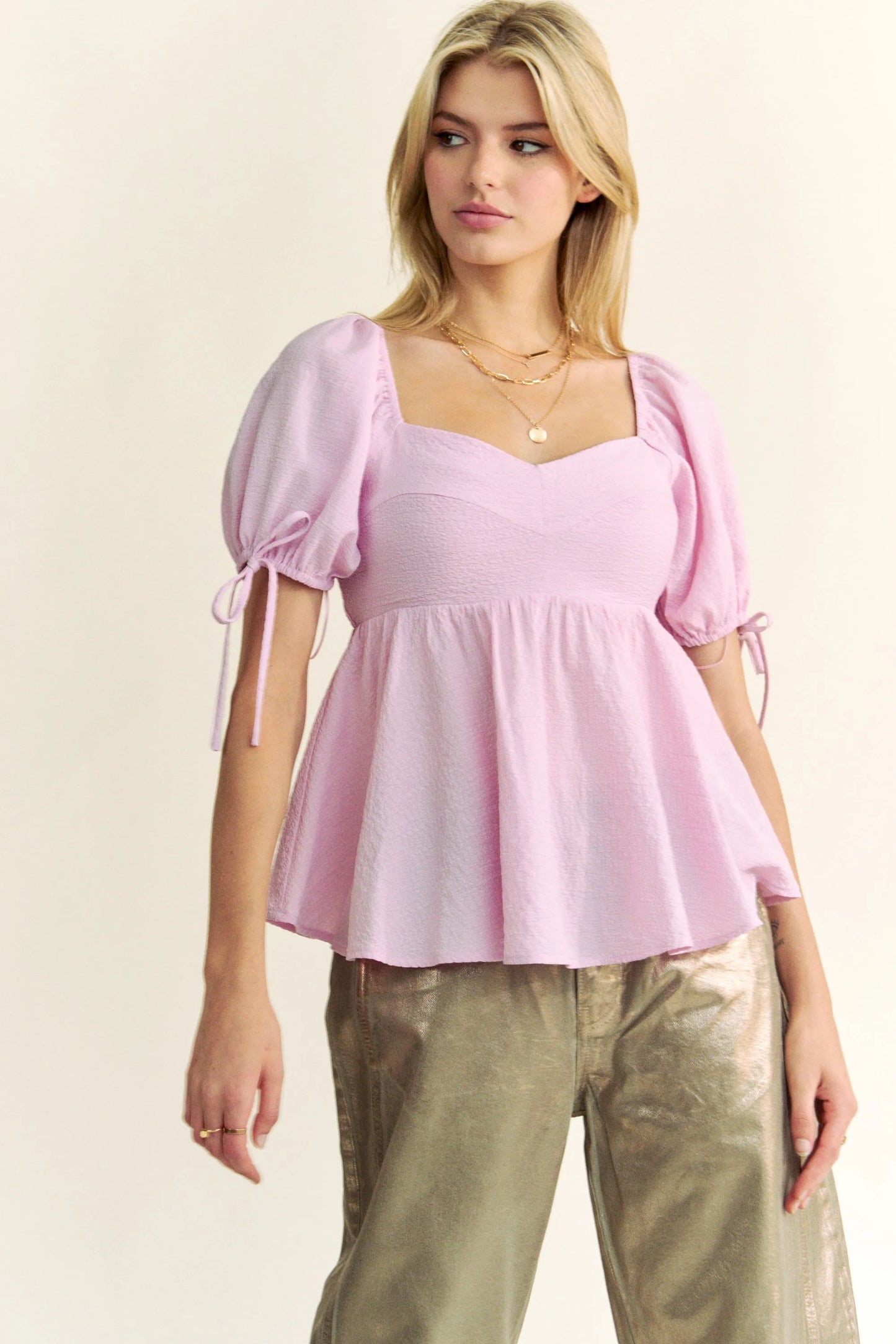 Davi & Dani Solid Elastic Peplum Puffed Sleeves Blouse BABY PINK