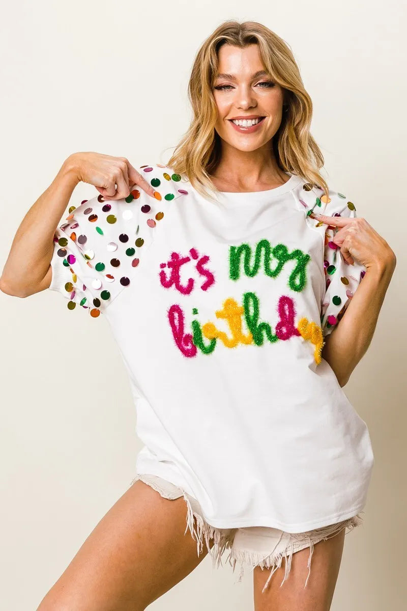 BiBi Metallic Letter Spangle Raglan Puff Sleeve Top