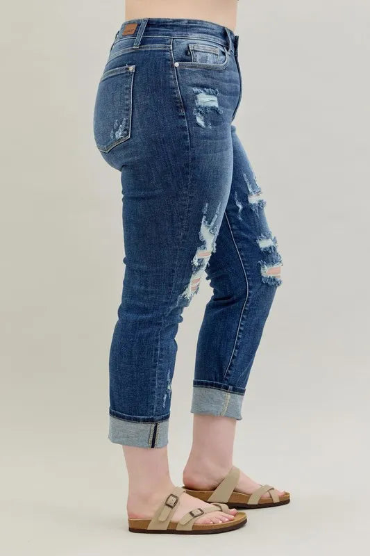 Judy Blue Full Size Mid Rise Cuffed Destroy Bf Jeans Plus Size