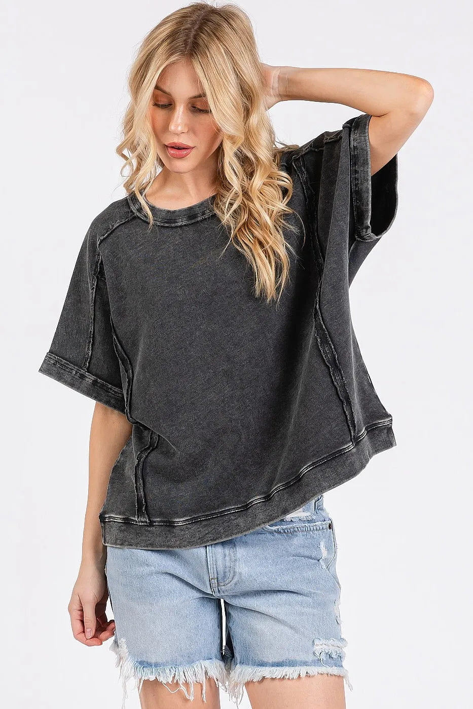 Mittoshop Mineral Wash French Terry Crew Neck Casual Top