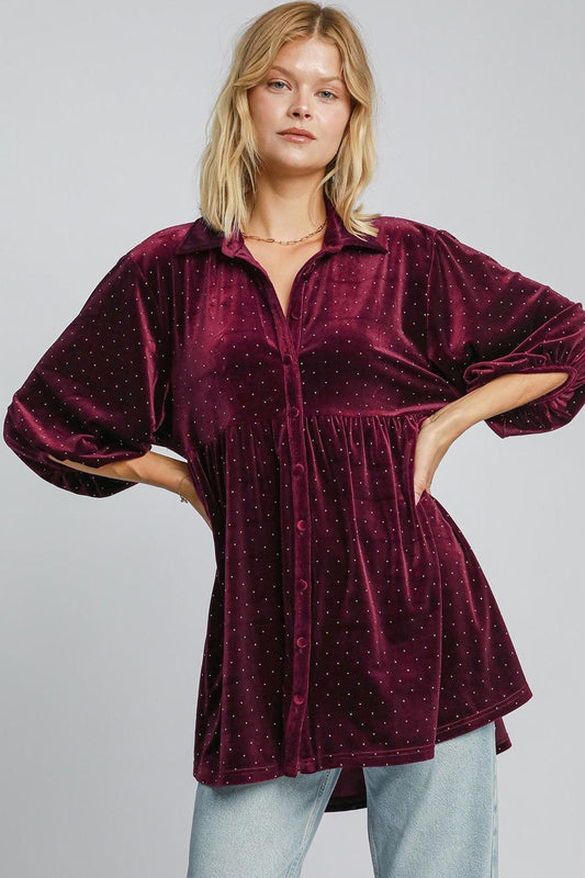 Umgee Full Size Polka Dot Button Up Half Sleeve Shirt Burgundy