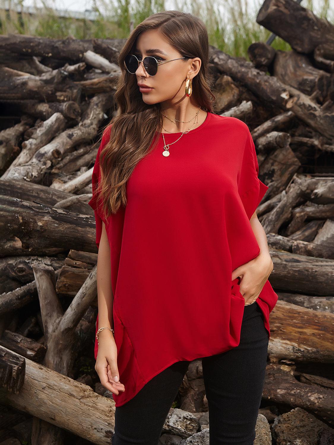 Perfee Round Neck Short Sleeve T-Shirt Scarlet One Size