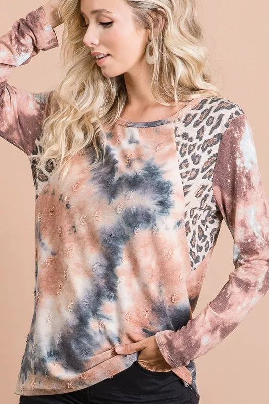 BiBi Tie Dye Distressed Knit Top with Leopard Shoulder