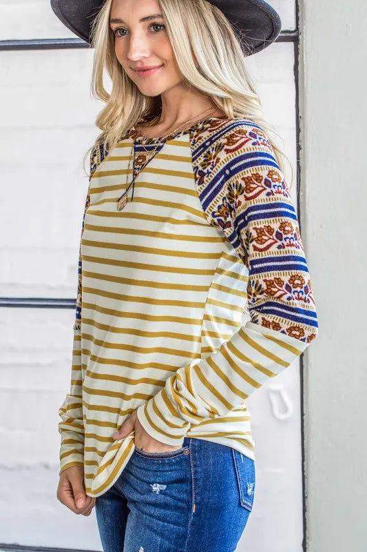 And The Why Stripe Ethnic Print Raglan Top