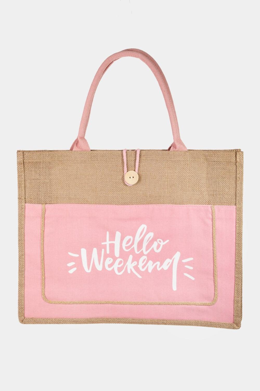 Fame Hello Weekend Burlap Tote Bag Pink One Size