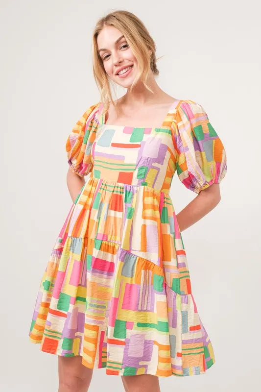 And The Why Square Neck Puff Sleeve Geo Printed Mini Dress Yellow Multi