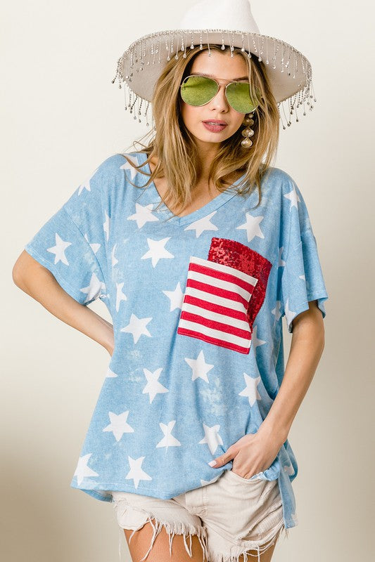 BiBi Star Print Sequin V-Neck Short Sleeve T-Shirt