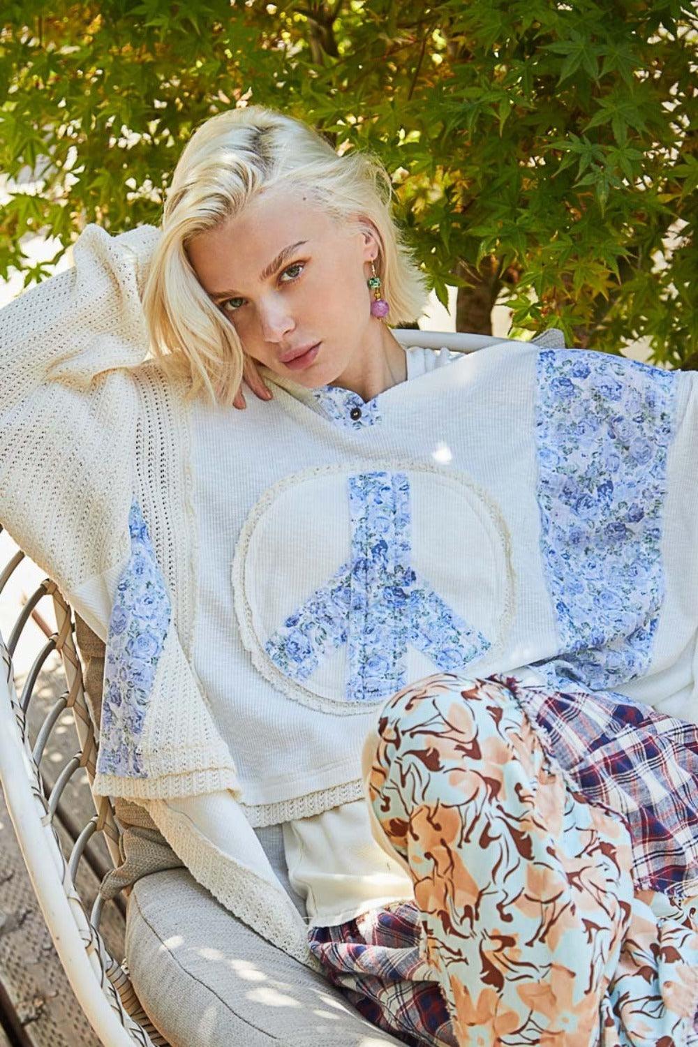 POL Long Sleeve Floral Peace Patch Ribbed Hoodie Ivory