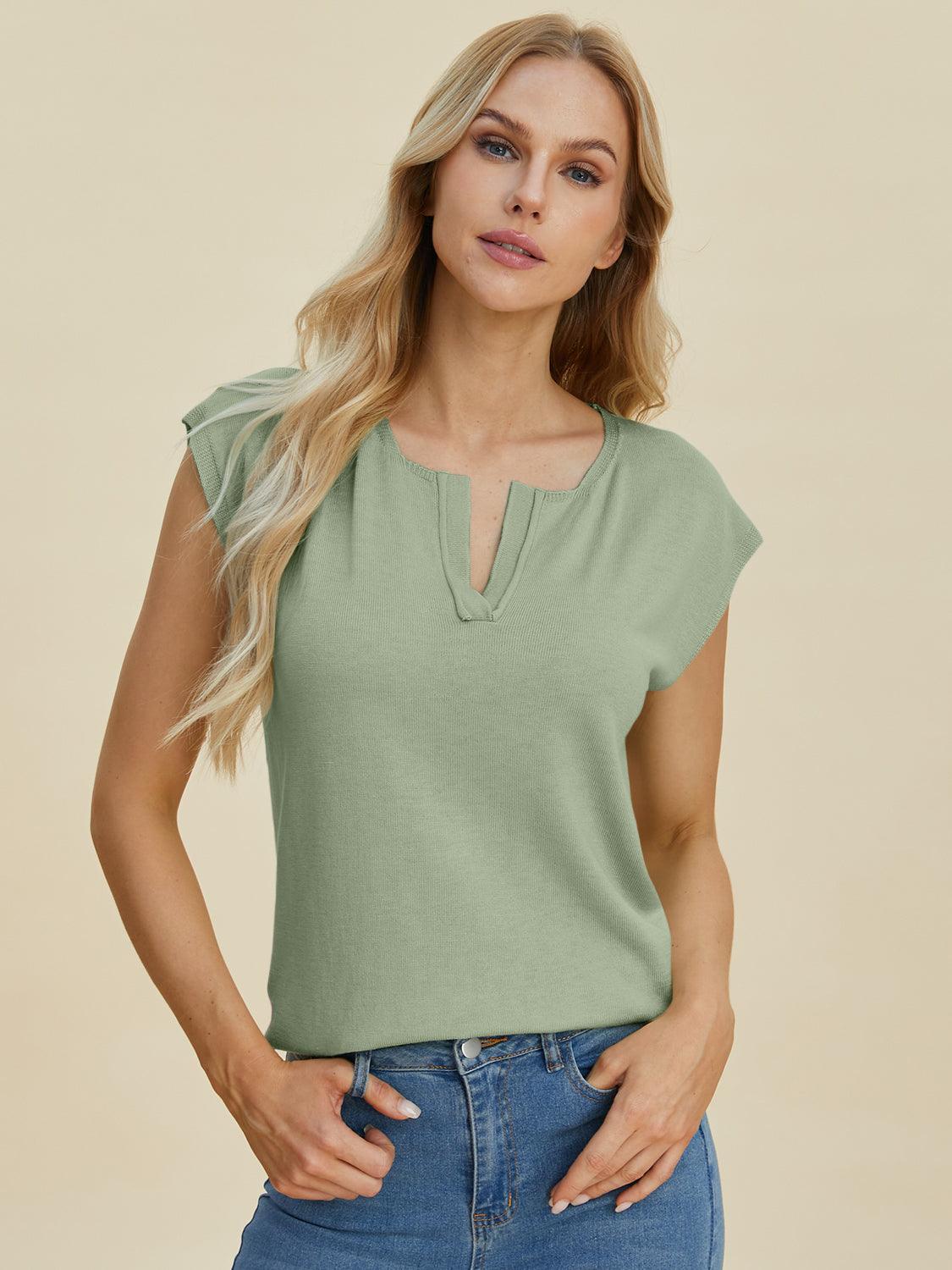 Double Take Full Size Notched Cap Sleeve Knit Top Sage