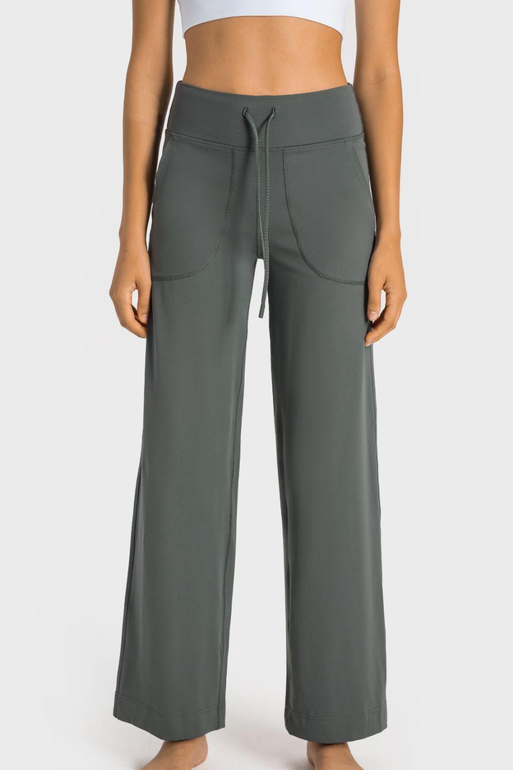 Millennia Drawstring Waist Wide Leg Sports Pants with Pockets Sage