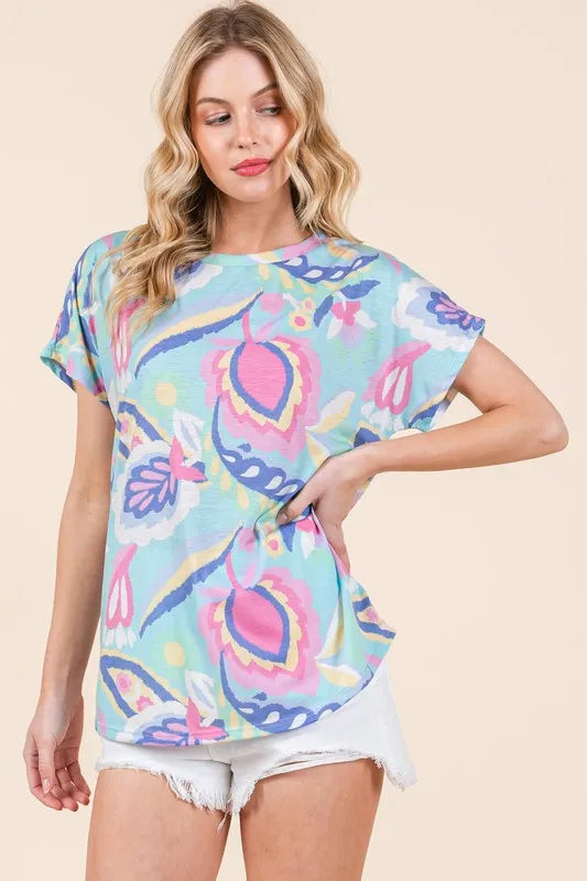 BOMBOM Lightweight Printed Round Neck Short Sleeve T-Shirt