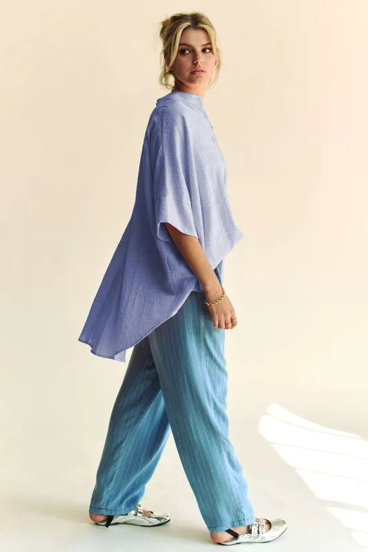 Davi & Dani Rhinestone Pleat Back Short Sleeve Loose Fit Shirt