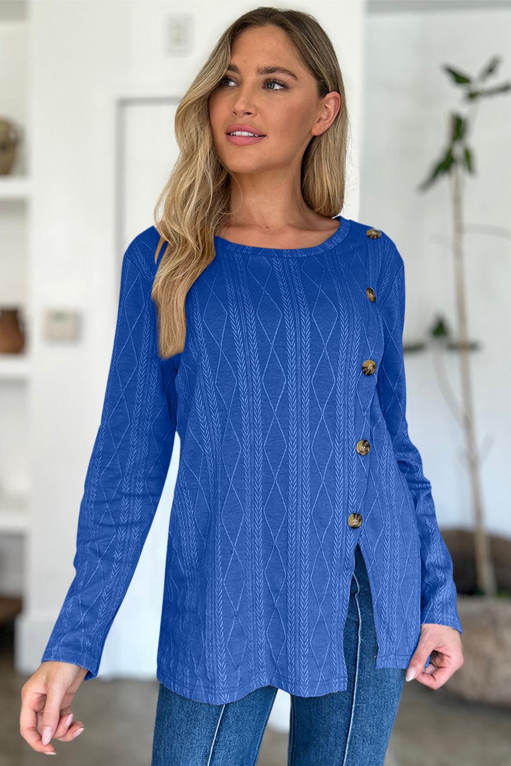 Slit Round Neck Long Sleeve T-Shirt Royal Blue
