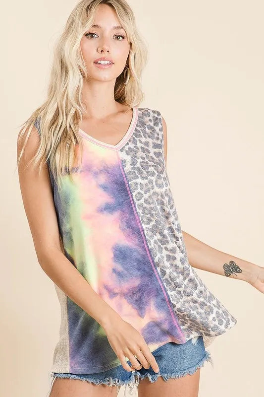 BiBi Sleeveless Print Mix Front Top with Contrast
