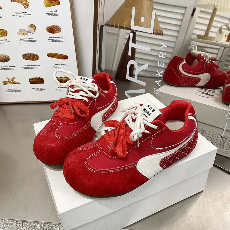Lace Up Round Toe Flat Sneakers Red
