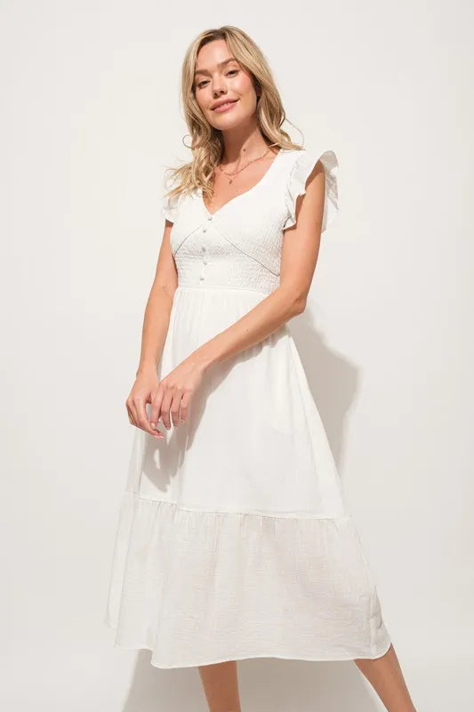And The Why Ruffle Sleeve Front Smocked Tiered Midi Dress Off White