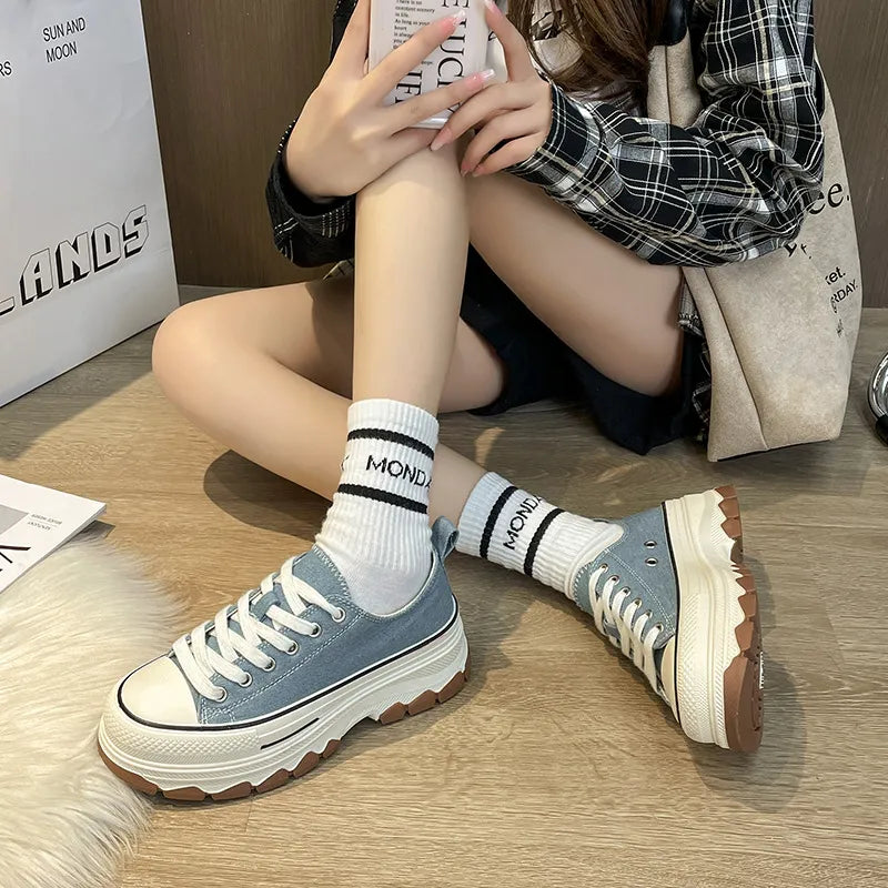 Round Toe Platform Canvas Sneakers Light Blue