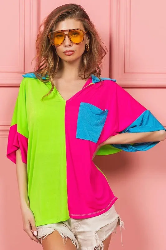 BiBi Slinky Knit Color Block V Neck Front Top TEAL MAUVE LIME
