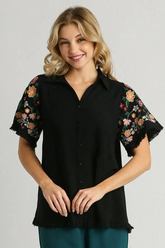 Umgee Full Size Linen Shirt with Embroidered Sleeves Plus Size