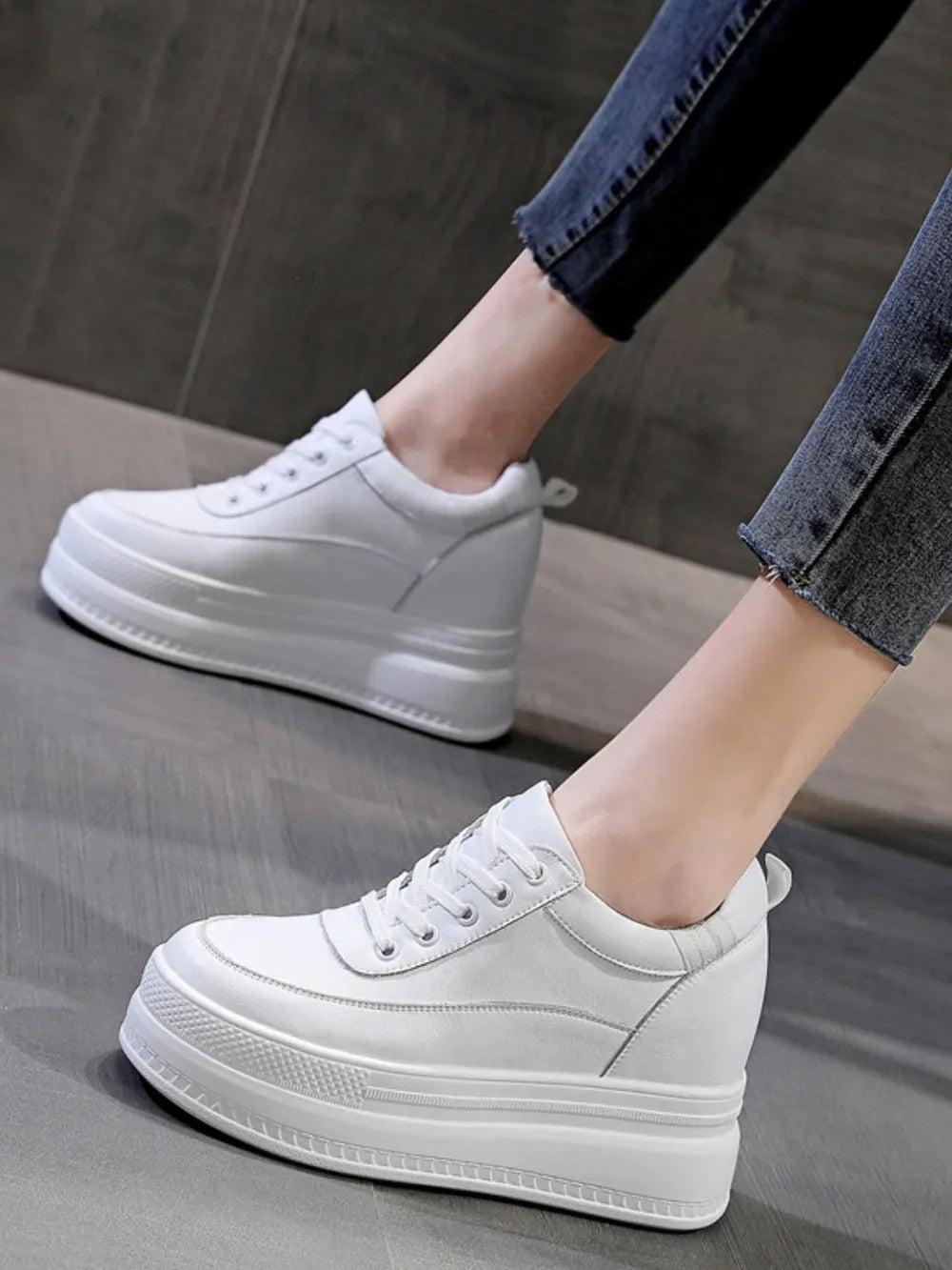 Lace Up Round Toe Platform Sneakers White