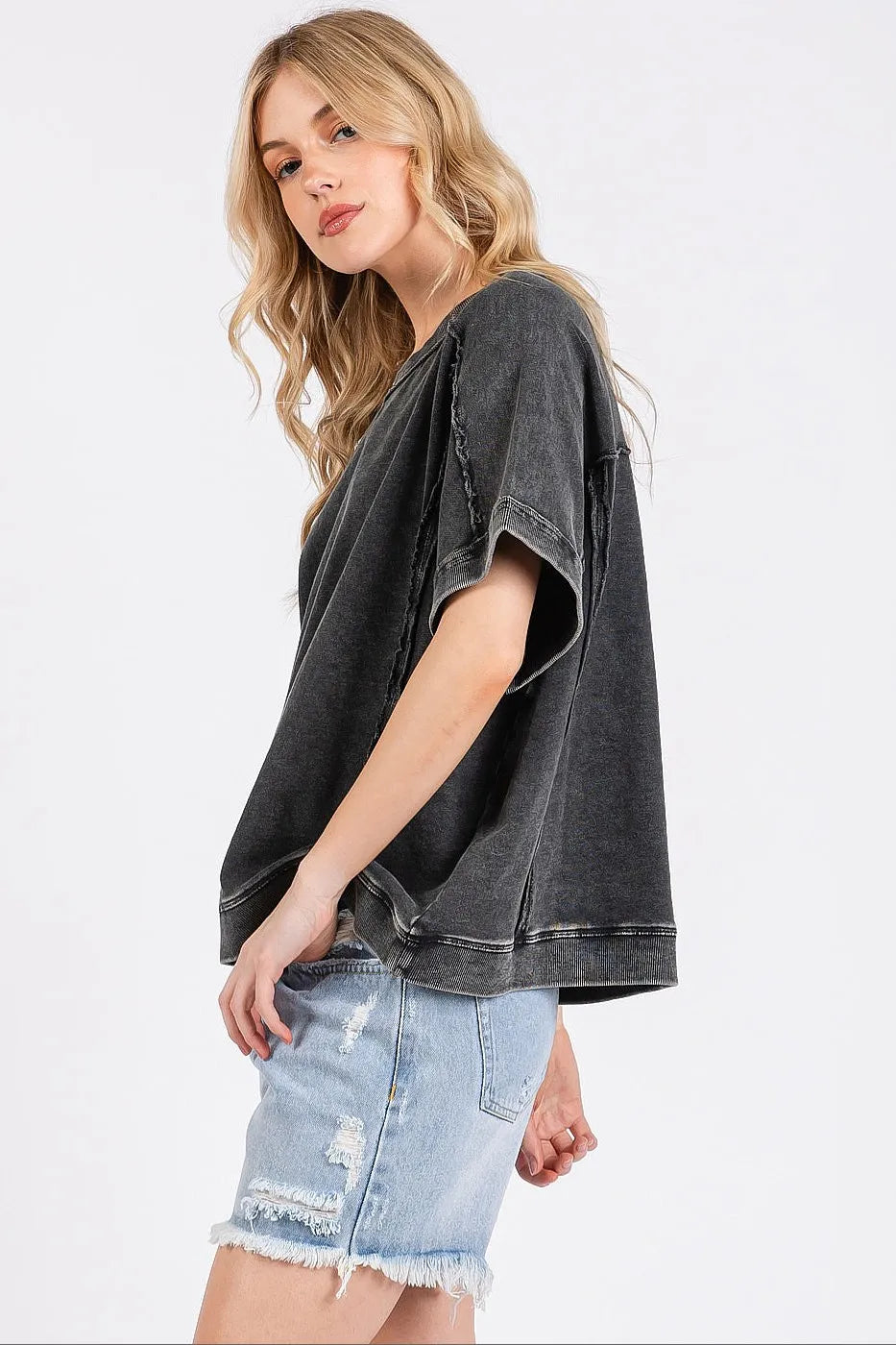 Mittoshop Mineral Wash French Terry Crew Neck Casual Top