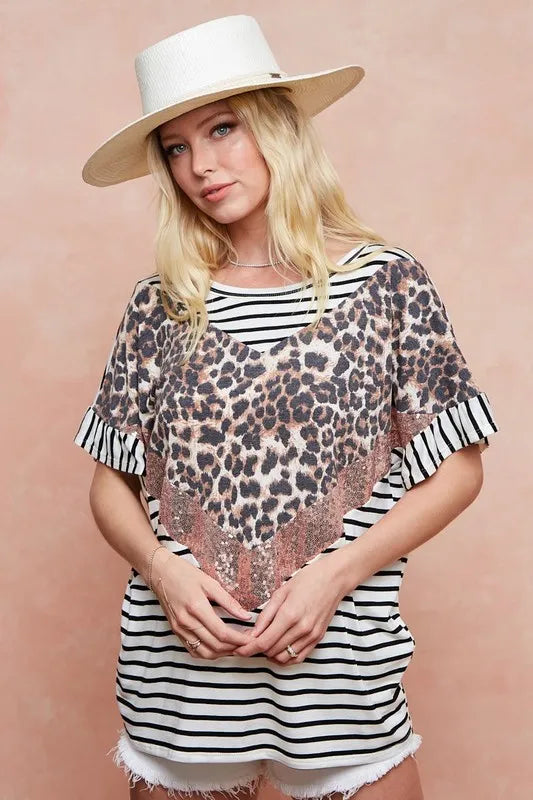BiBi Stripe Rayon Span Knit Color Block Top With Leopard