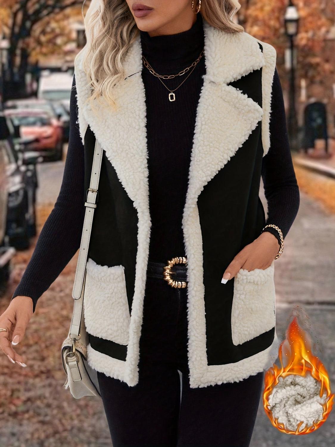 Full Size Contrast Open Front Sherpa Vest Coat Black