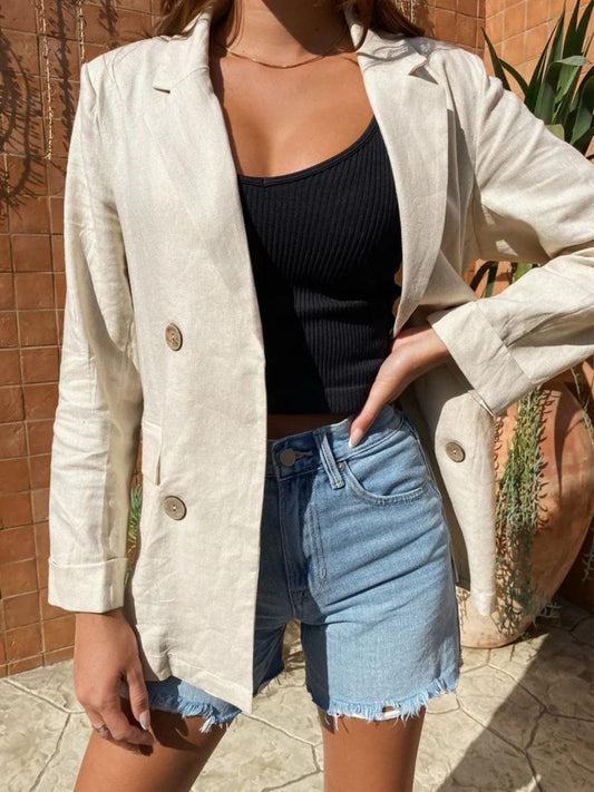 Lapel Collar Long Sleeve Blazer Beige