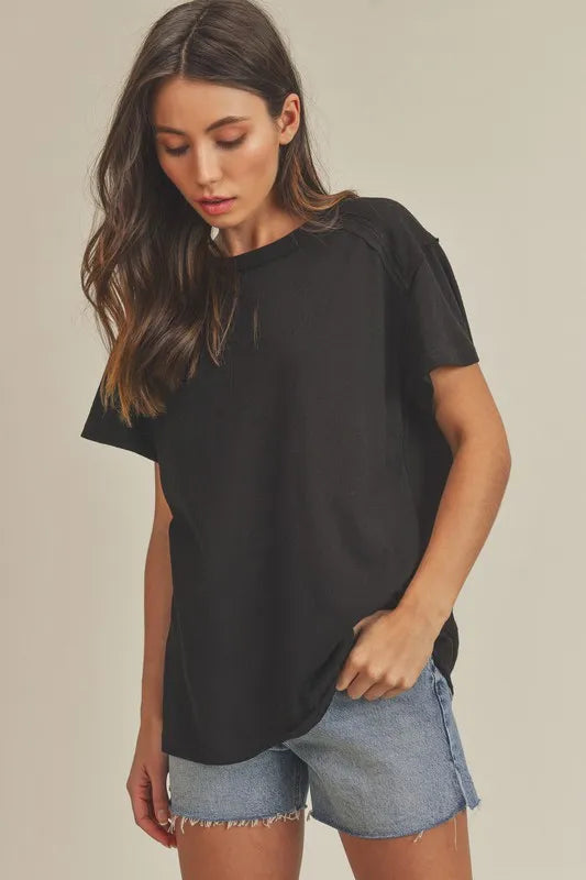 Aemi + Co Exposed Seam Round Neck Short Sleeve T-Shirt Black