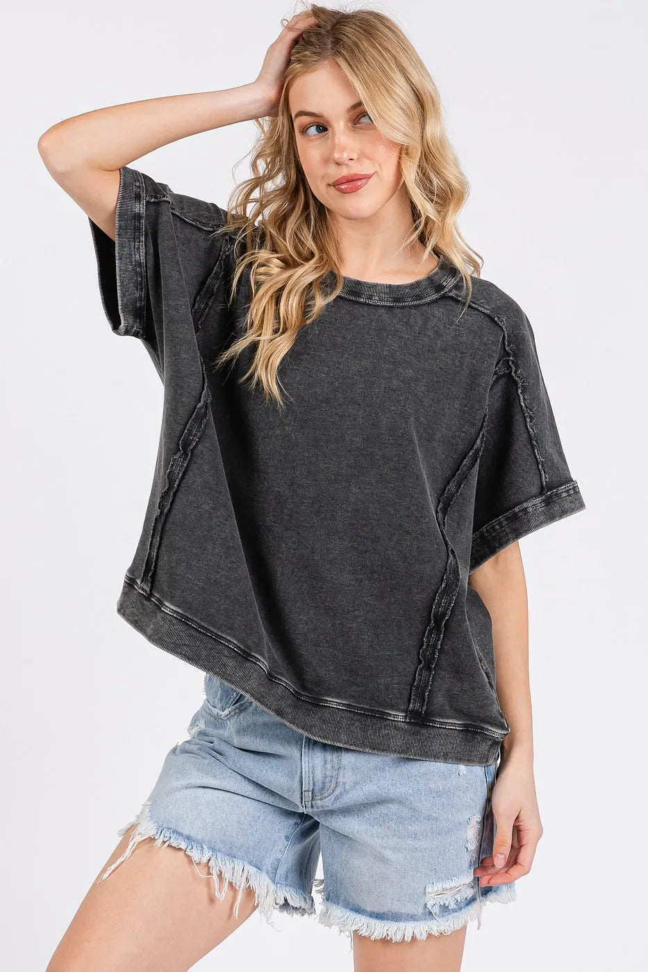 Mittoshop Mineral Wash French Terry Crew Neck Casual Top ASH BLACK